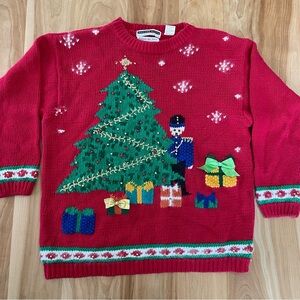 Jennifer Moore Petites Hand Knit Christmas Tree Ribbons And Bulbs Knit Sweater M